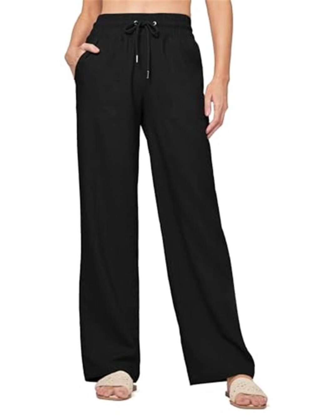 Wide Leg Linen Pants Women Black Palazzo Elastic Waist Pockets Beach Summer